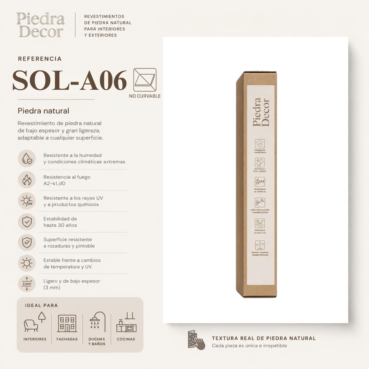Panel piedra flexible PIEDRA LINEAL SOL-A06 60x120 cm - 3-5 mm ultrafino, ligero, curvable, resistente, interior y exterior, sin obra, textura real x4 uds acabado premium.