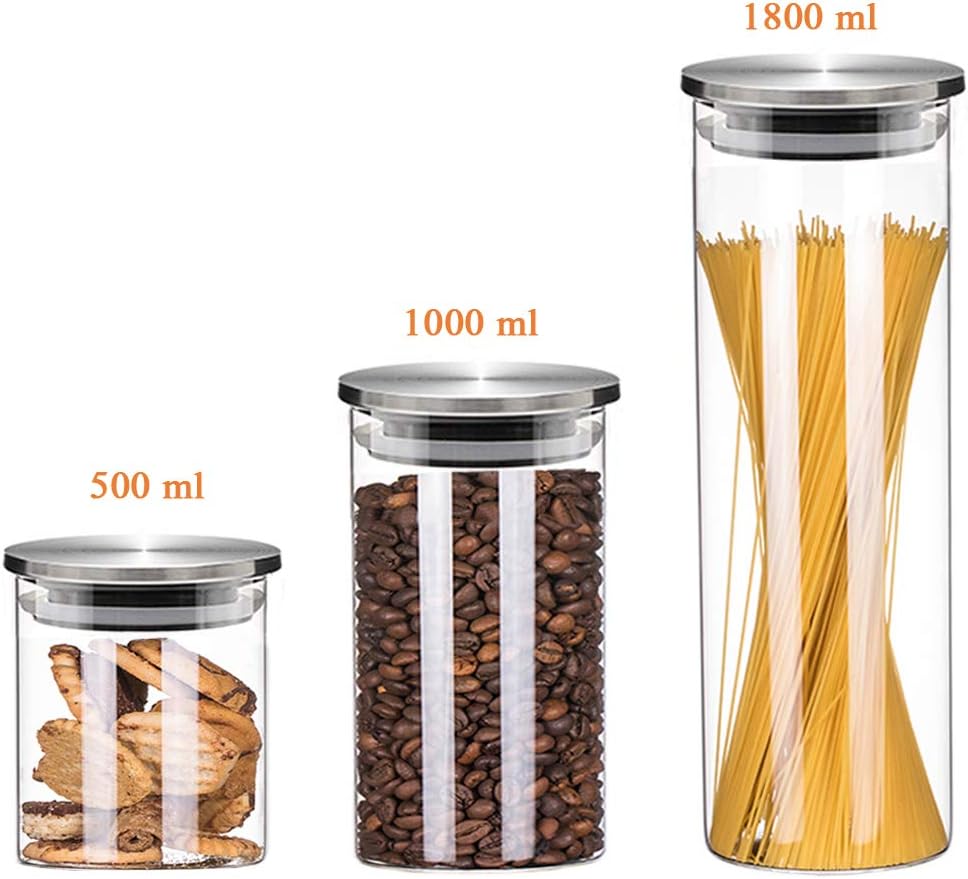 Stackable Glass Food Storage Canisters, Kitchen Jars with Stainless Steel Lid, Set of 3 (1800/1000/500 ML)