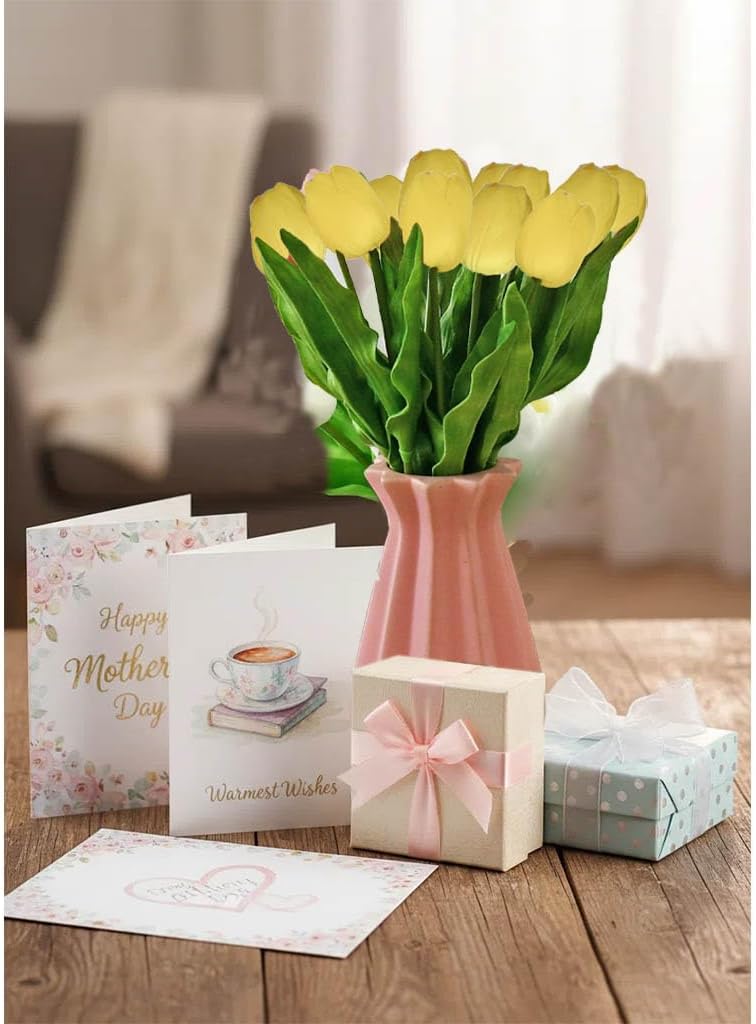 Mandy's 6pcs Artificial Yellow Tulips | 17.7 Inch Lifelike PU Tulips Faux Floral Arrangement for Kitchen Island Dining Table Centerpieces and Home Decor