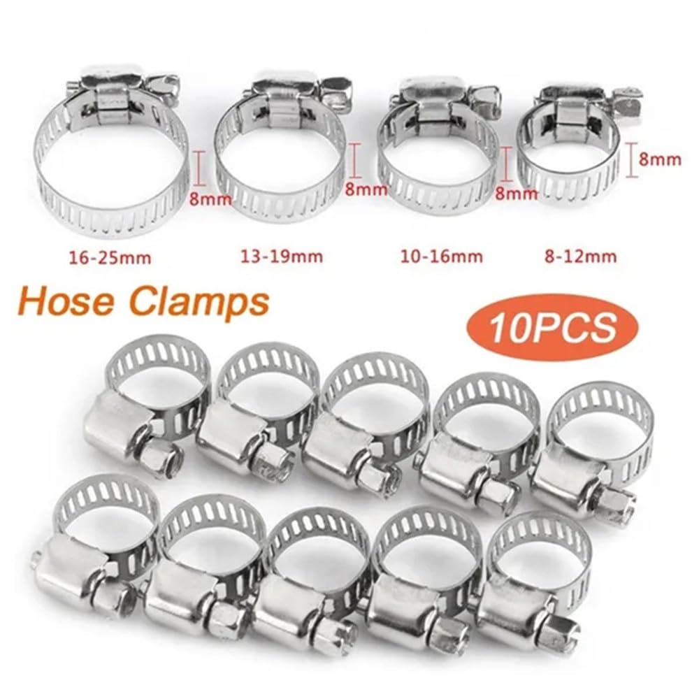 Jubilee Clips Rohrschelle 10 Stück Verstellbare Edelstahl-Schraubband-Schlauchschellen Auto-Kraftstoffschlauchschellen Schneckengetriebe-Clip-Zange Werkzeuge (13 mm 19 mm)