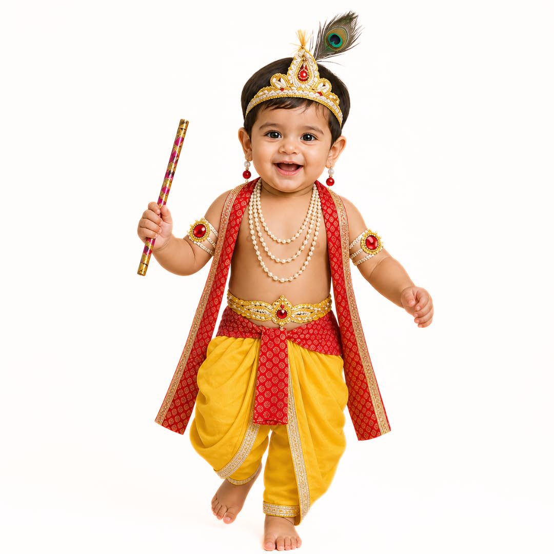 ITSMYCOSTUME Krishna Dress for Baby Boy Kids Set of 10(Dhoti,Patka,Hip Cover,Mukut,Morpankh,Bansuri,Kamarband,Bajuband,Kundal) Little Krishna Ji Kanha Janmasthmi Costume for Kids-image-30