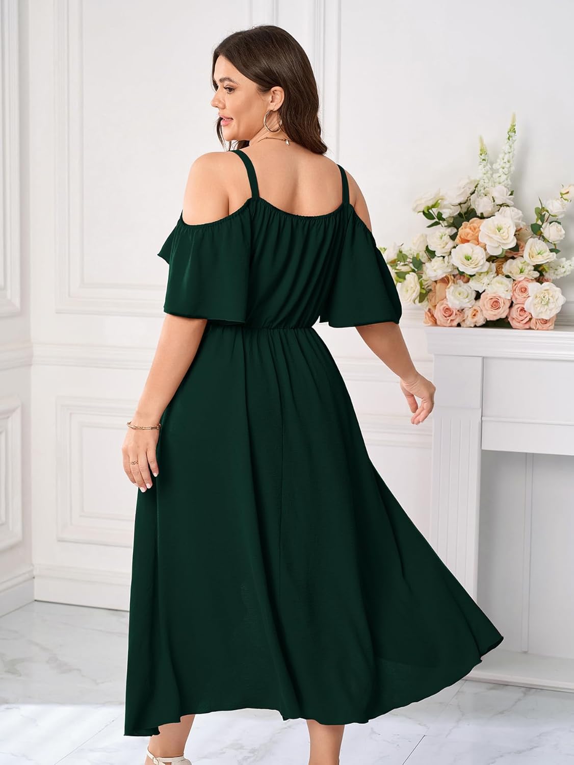 Womens Plus Size Cold Shoulder Dress Short Sleeve Ruffle Summer Sundress High Low Flowy Maxi Long Dresses - Image 4