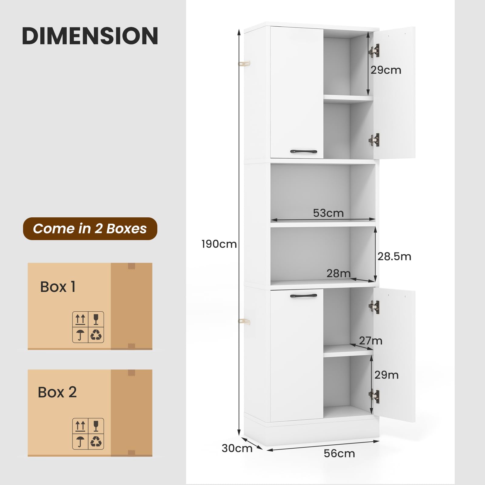 KOMFOTTEU Hochschrank Aufbewahrungsschrank 190 cm, Mehrzweckschrank Küchenschrank mit 4 Türen & halboffenem Regal, Badezimmerschrank Bücherschrank 56 x 30 x 190 cm (Weiß)