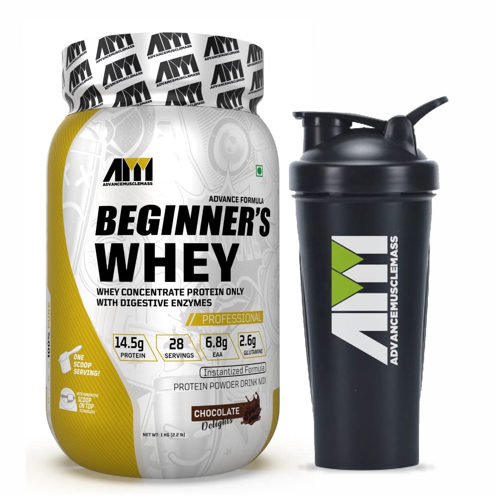 Advance MuscleMass Beginner's Whey Protein Concentrate Powder With Innovative Scoop On Top|14.5g Protein|6.8g EAA|2.6g Glutamine| With Shaker 700ml (Chocolate Flavour,1 kg / 2.2 lbs), 28 servings