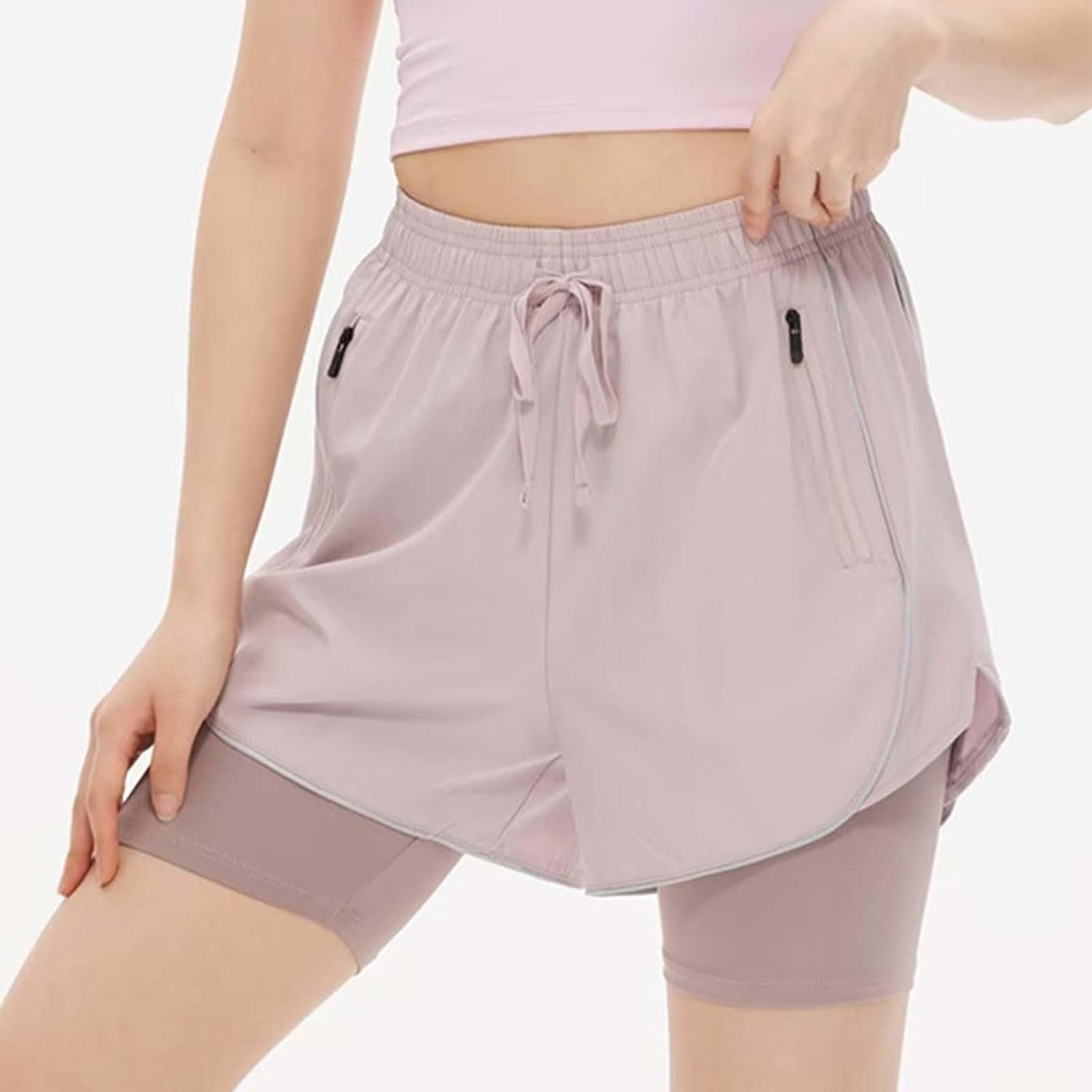 Women 2 in 1 Running Shorts High Waisted Drawstring Athletic Shorts Gym Workout Shorts with Liner Zipper Pockets