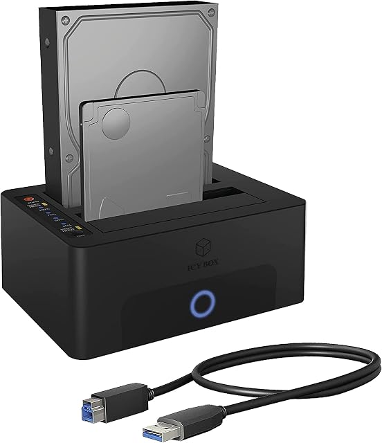 ICY BOX Dual HDD/stacja dokująca USB 3.0 do SATA 2,5 cala i 3,5 cala, dysk twardy stacja klonowa i urządzenie do czytania, adapter, zewnętrzny, czarny, IB-1232CL-U3