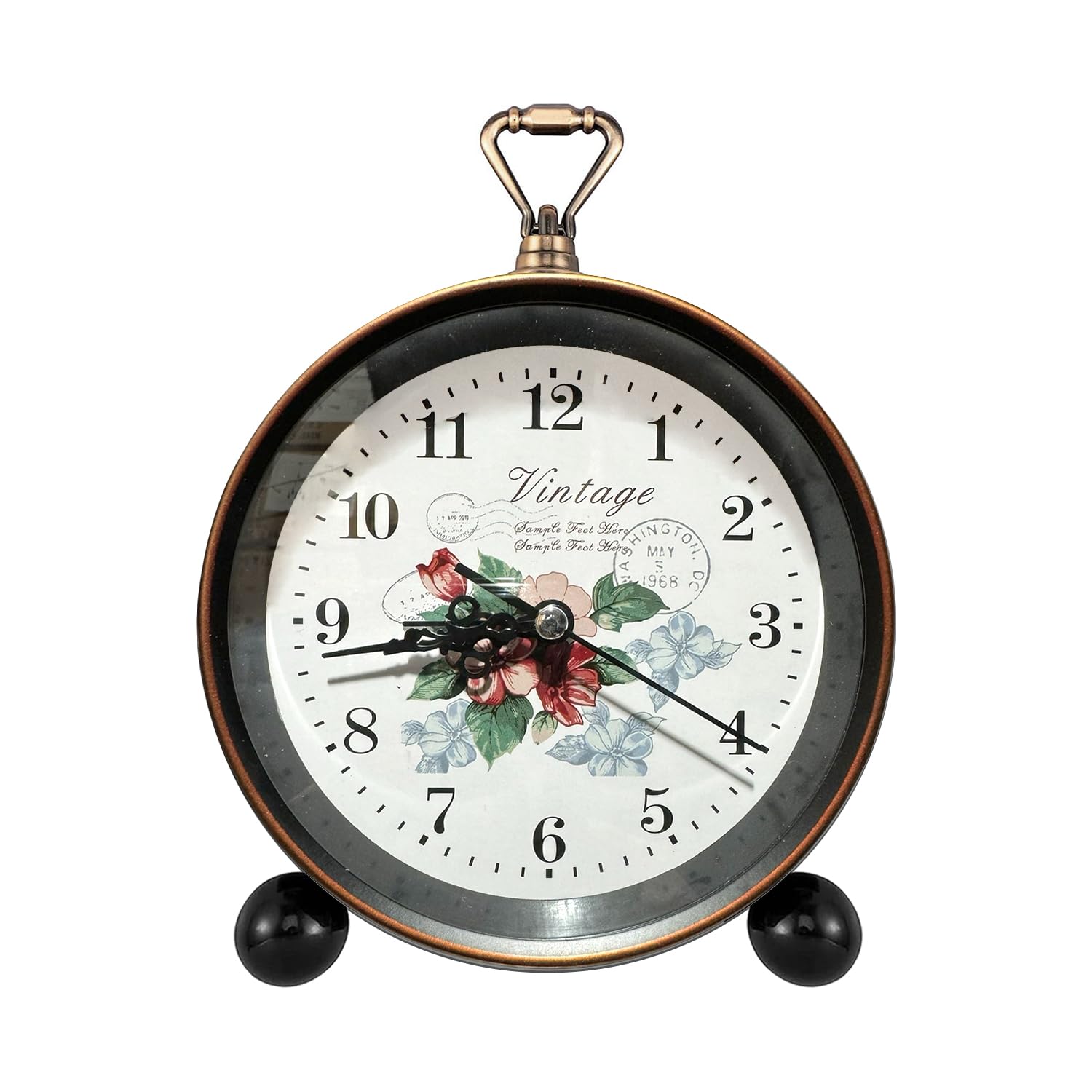 LEDSone 18cm*12cm Round Alarm clock Vintage Floral Table Clock Antique Analog Design with Floral Print, Distressed Bronze Finish for Elegant Home Decor. (Style 01)