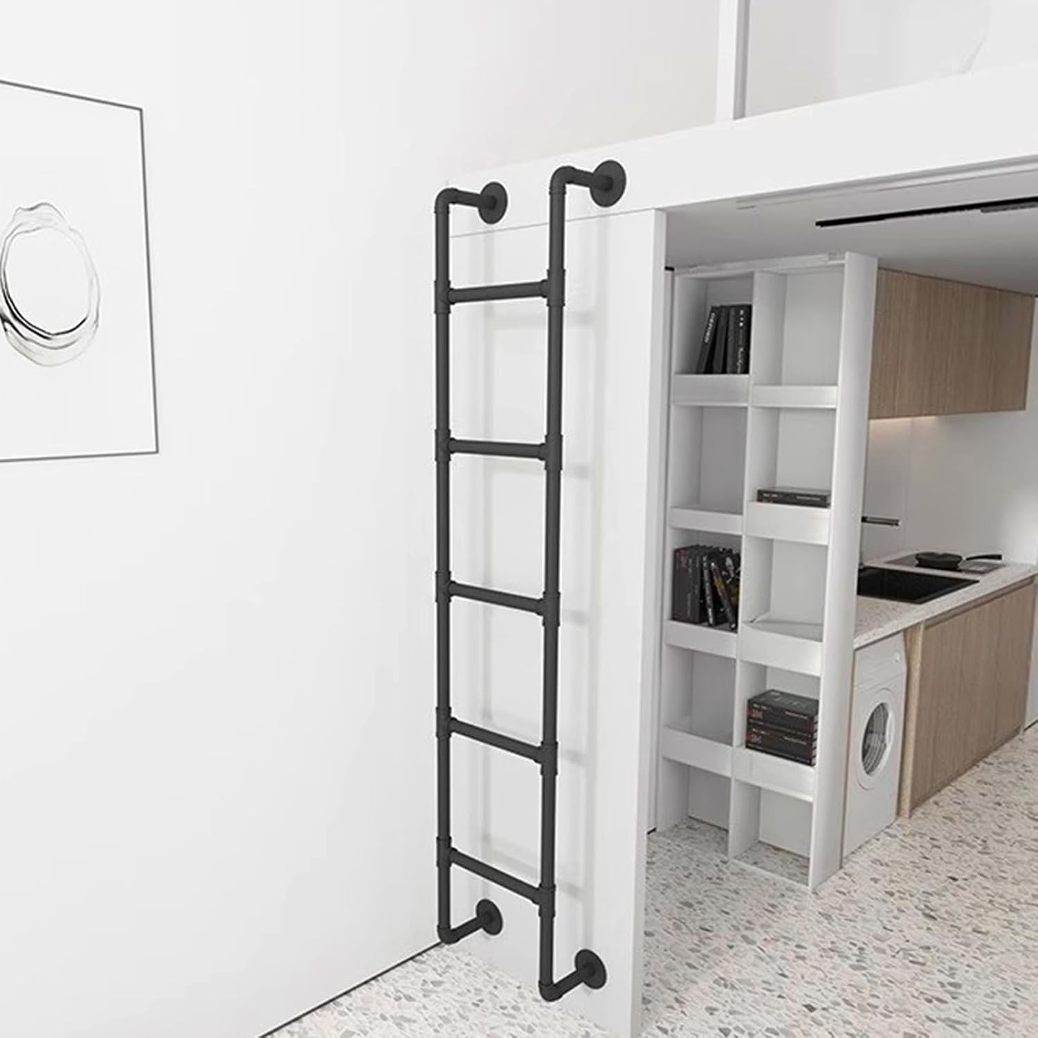 Loft Bunk Bed Ladder - Wrought Iron Wall-Mounted Steps for Attic Basement Window Well Egress Dorm Camper Library Deck - 140cm/55in Height