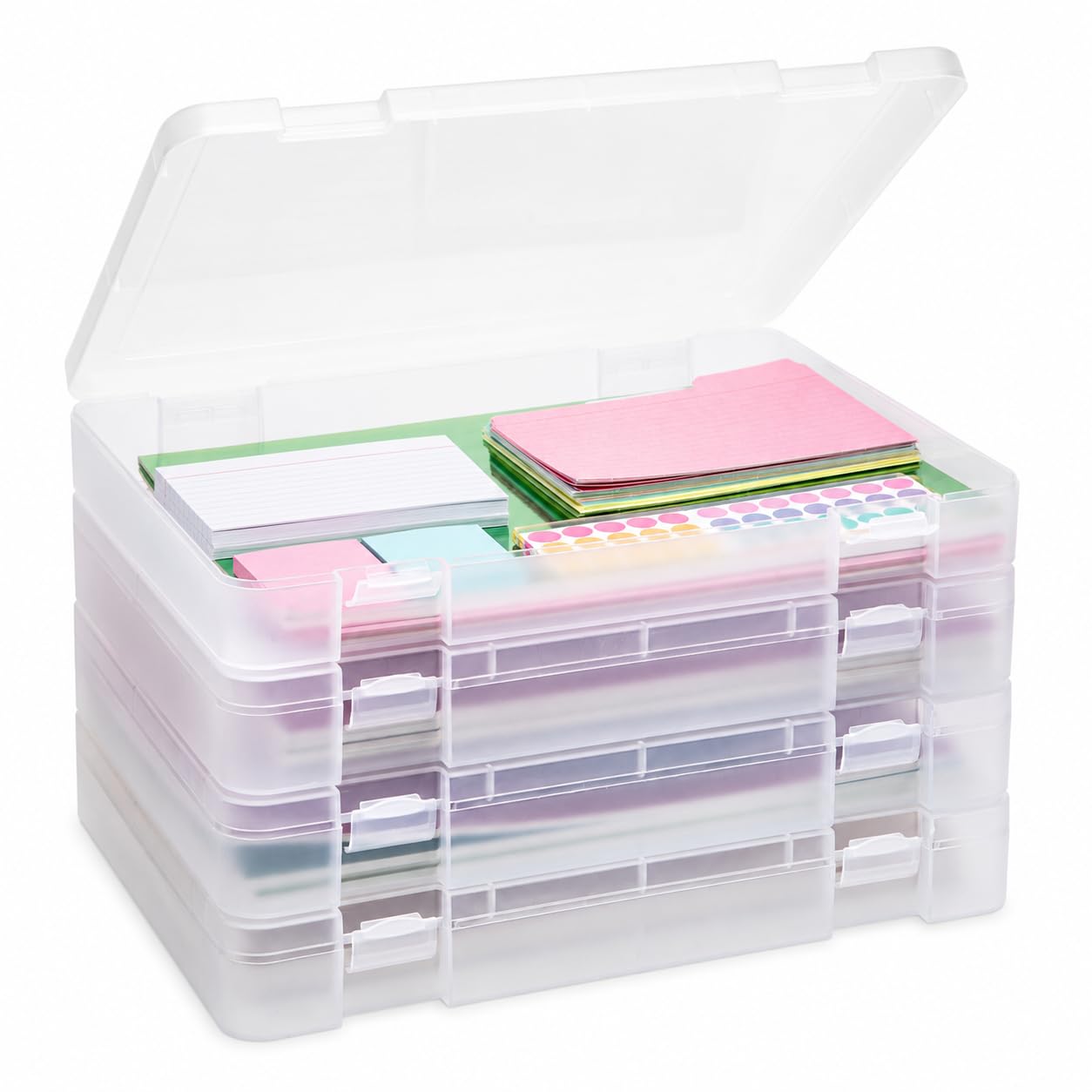 CraftGenes Confezione da 4 scatole di carta A4 con coperchio, 32,3 x 24,1 x 4,6 cm di spessore, in plastica, impilabili, organizer per album di ritagli, giochi da tavolo, documenti, foto e materiale