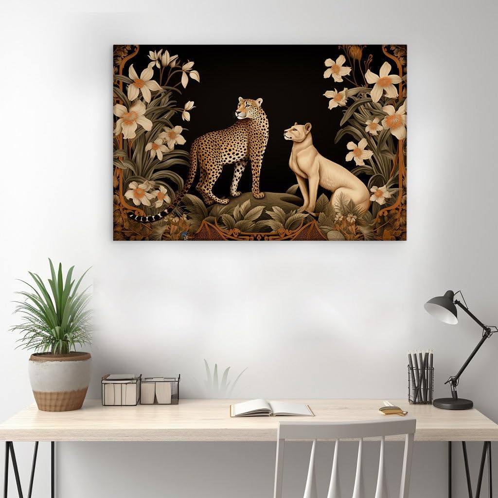 Canvas for Living room. Majestic Felines in Harmony: The Art of the Leopard and Lioness in a Lush Floral Embrace, 27 x 18 inch Canvas Wall Art - Ready to Hang - 69x46 cm (27x18 inch)