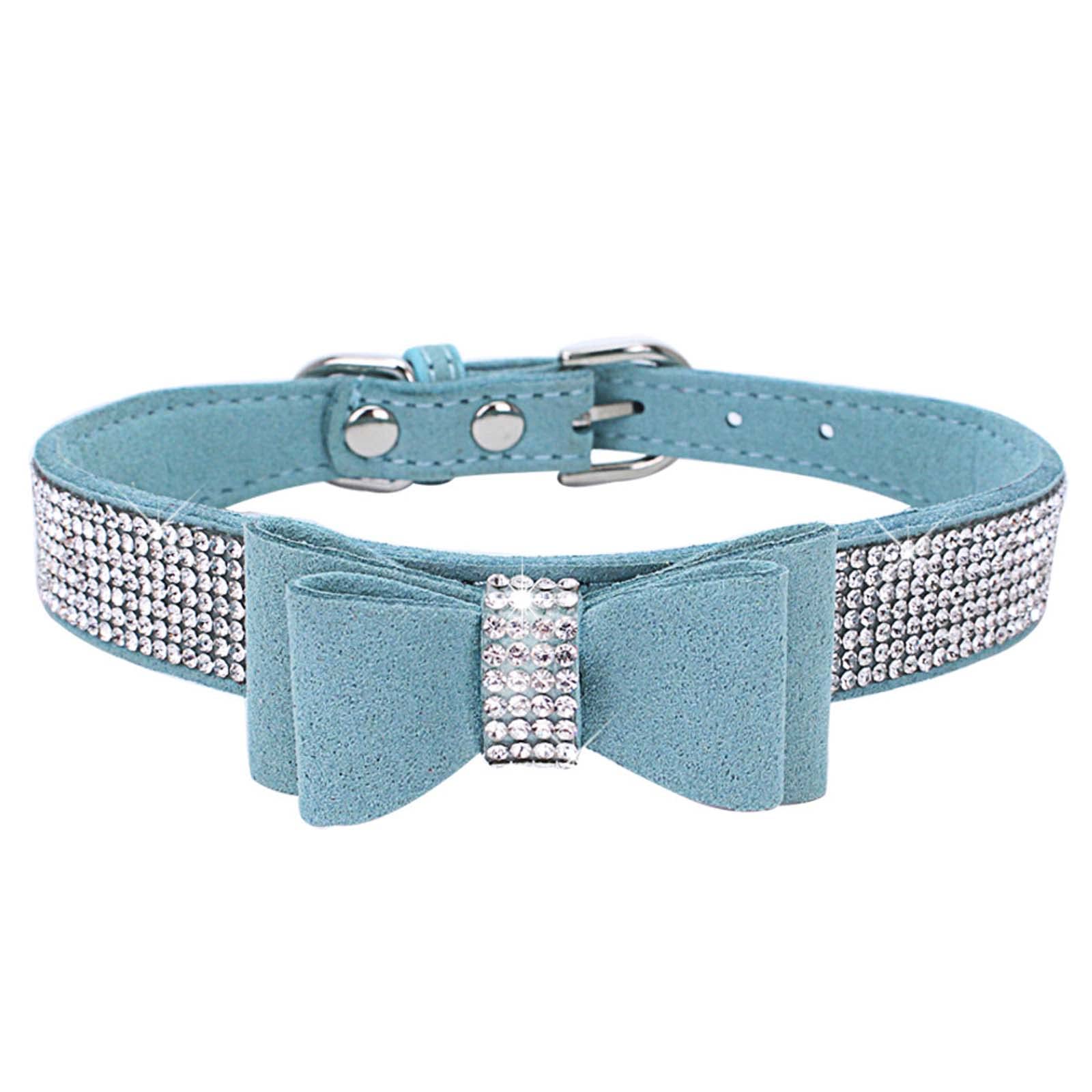 Hundehalsband Mit Strass Und Schleife – Verstellbar, Aus PU-Leder, Für Kleine & Mittlere Hunde (Blau, XS)