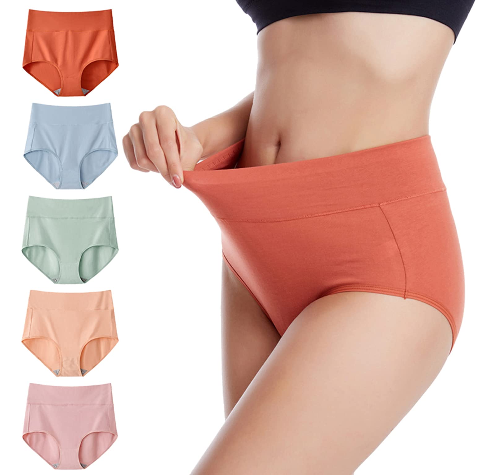 Womens High Waisted Underwear Cotton Tummy Control Panties For Women Stretch Full Coverage Briefs 5 Pack