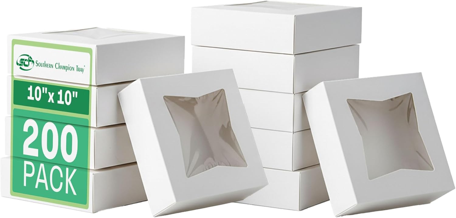 SCT White Window Bakery Box (200 Pack) 10x10x2.5, Auto Pop-Up Bakery Carrier for Pies, Donuts, Pastries, White with Clear Lid, 24233