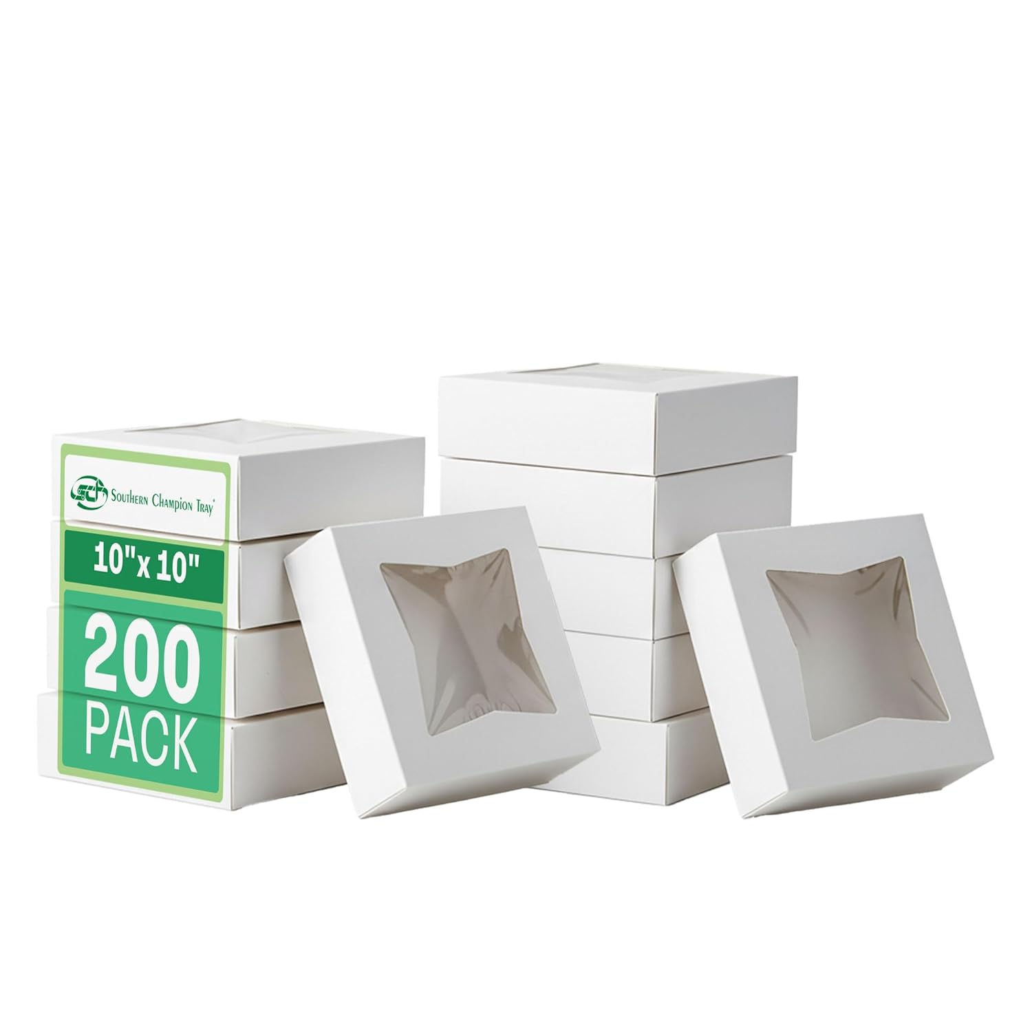 SCT White Window Bakery Boxes with Attached Flip Top, 10x10x2.5