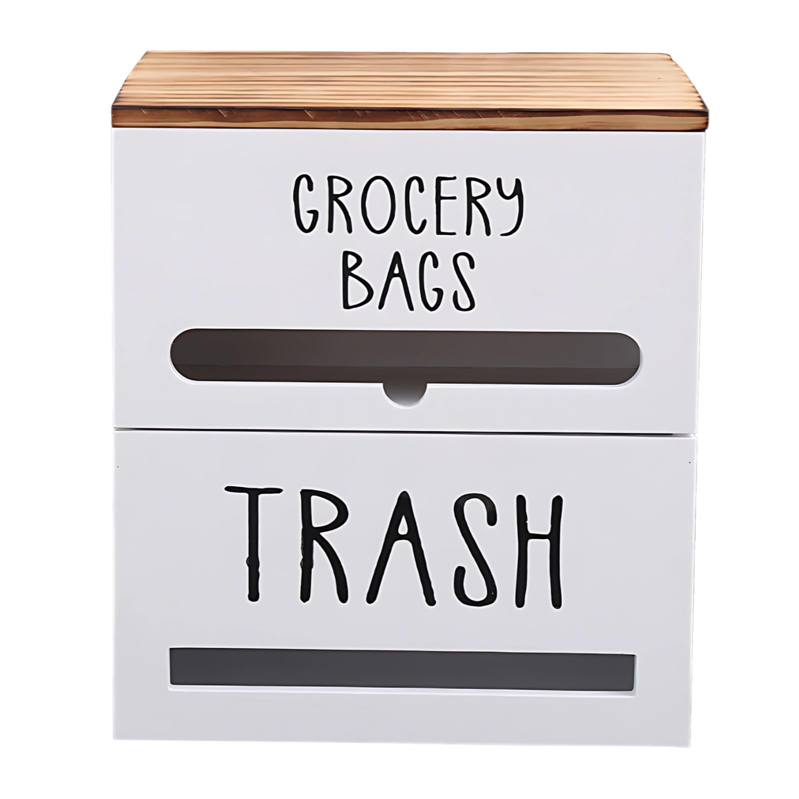 Distributeur de Sacs Poubelle en Bois, Rangement Mural pour Sacs de Courses, Organiseur à Deux Compartiments pour Cuisine, Blanc, Gain de Place, Dessus Effet Bois, Installation Facile