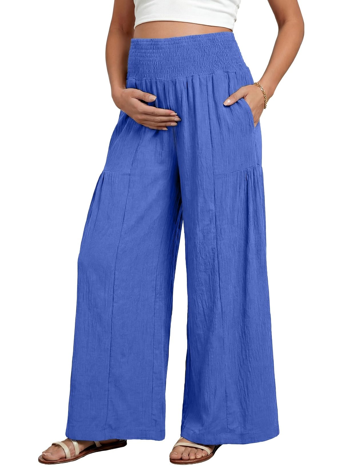BLENCOT Maternity Smocked Waist Palazzo Pants Wide Leg Casual Trousers