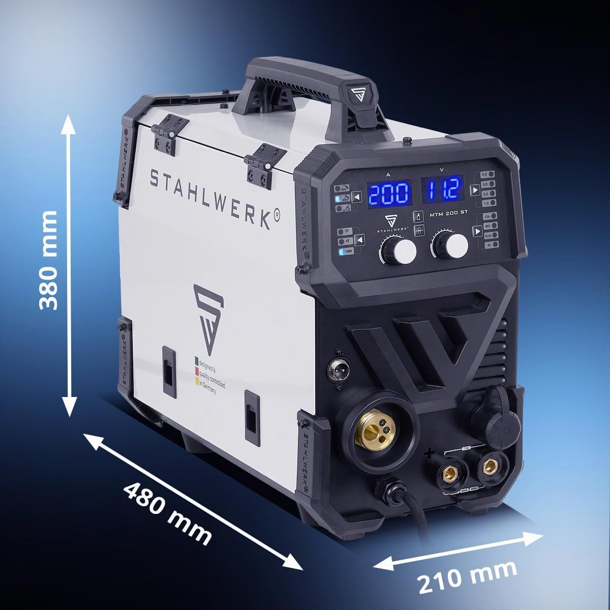 STAHLWERK Soldadora combinada 3 en 1 MTM-200 ST – Inverter combinado para TIG, MIG/MAG, MMA/Electrodo hasta 200 A, hilo sinérgico, 4 rodillos, encendido HF, apto para hilo hueco, acero, chapa fina