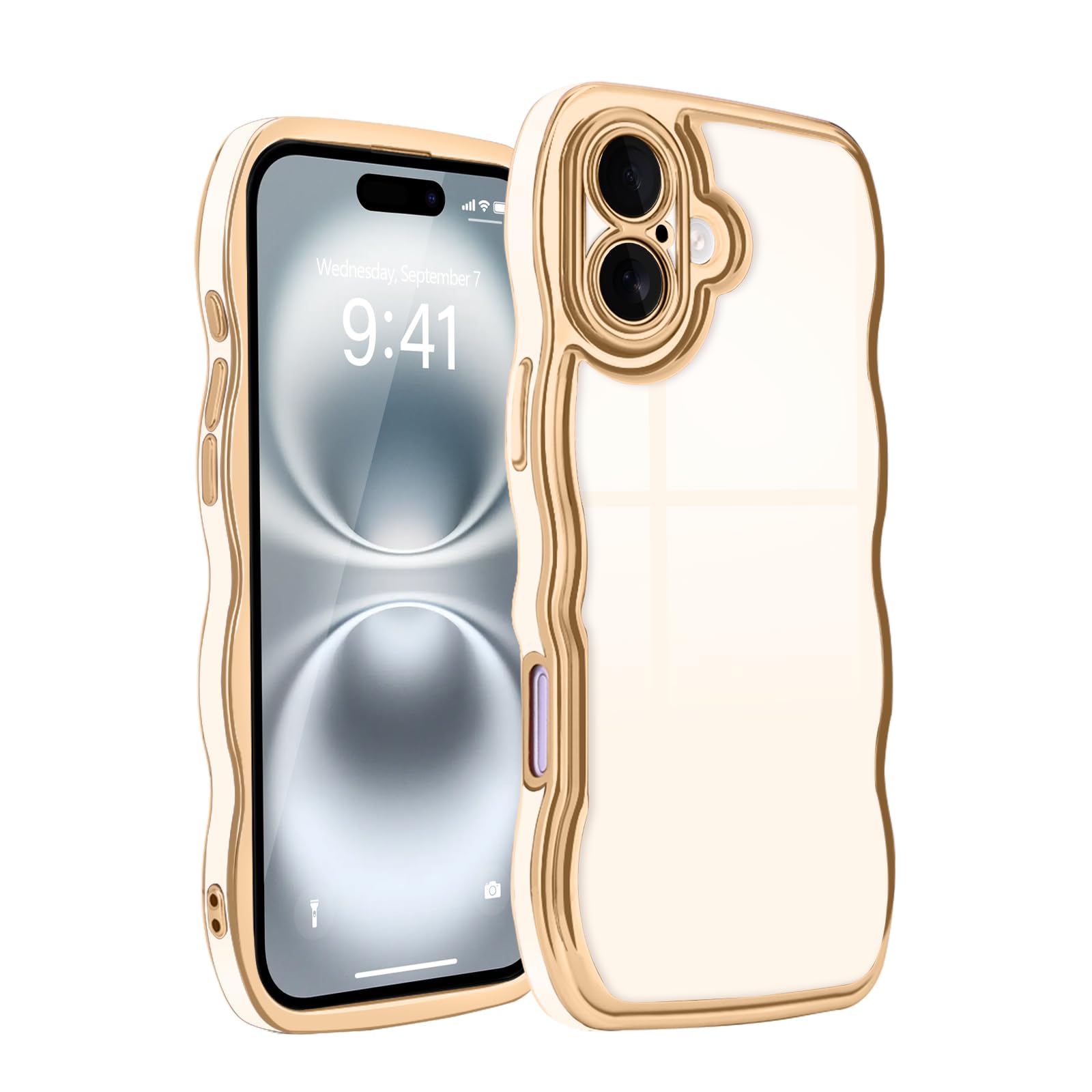 Teageo Wavy Phone Case for iPhone 16 Case for Women Girls, Cute Girly Design Wavy Frame Soft TPU Silicone Shockproof Gold Electroplate Aesthetic