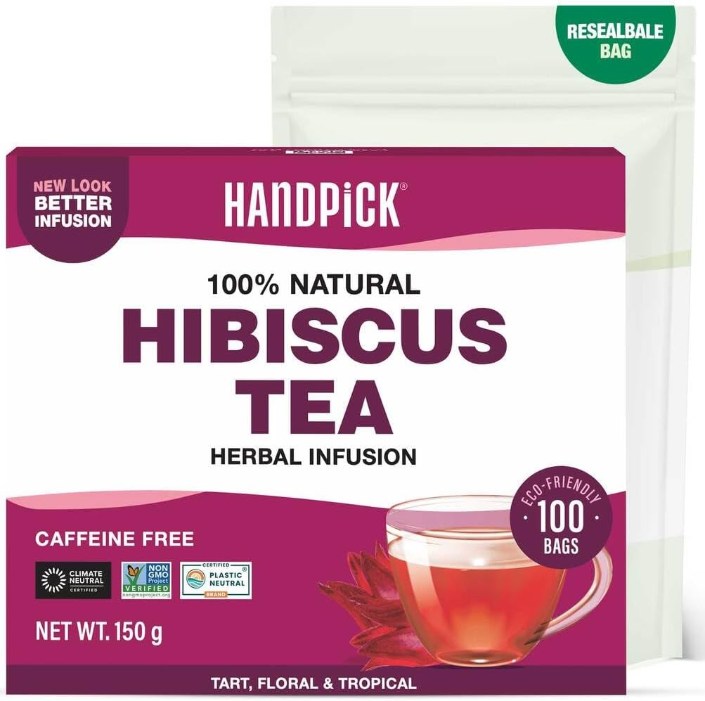 HANDPICK, Hibiscus Tea Bags - 100 Count | Caffeine-Free, Pure Ingredients - Hibiscus Flowers | 100% Halal Certified | Brew Hot, Iced Tea or Kombucha Tea | Round Nutritious Herbal Tea Bags