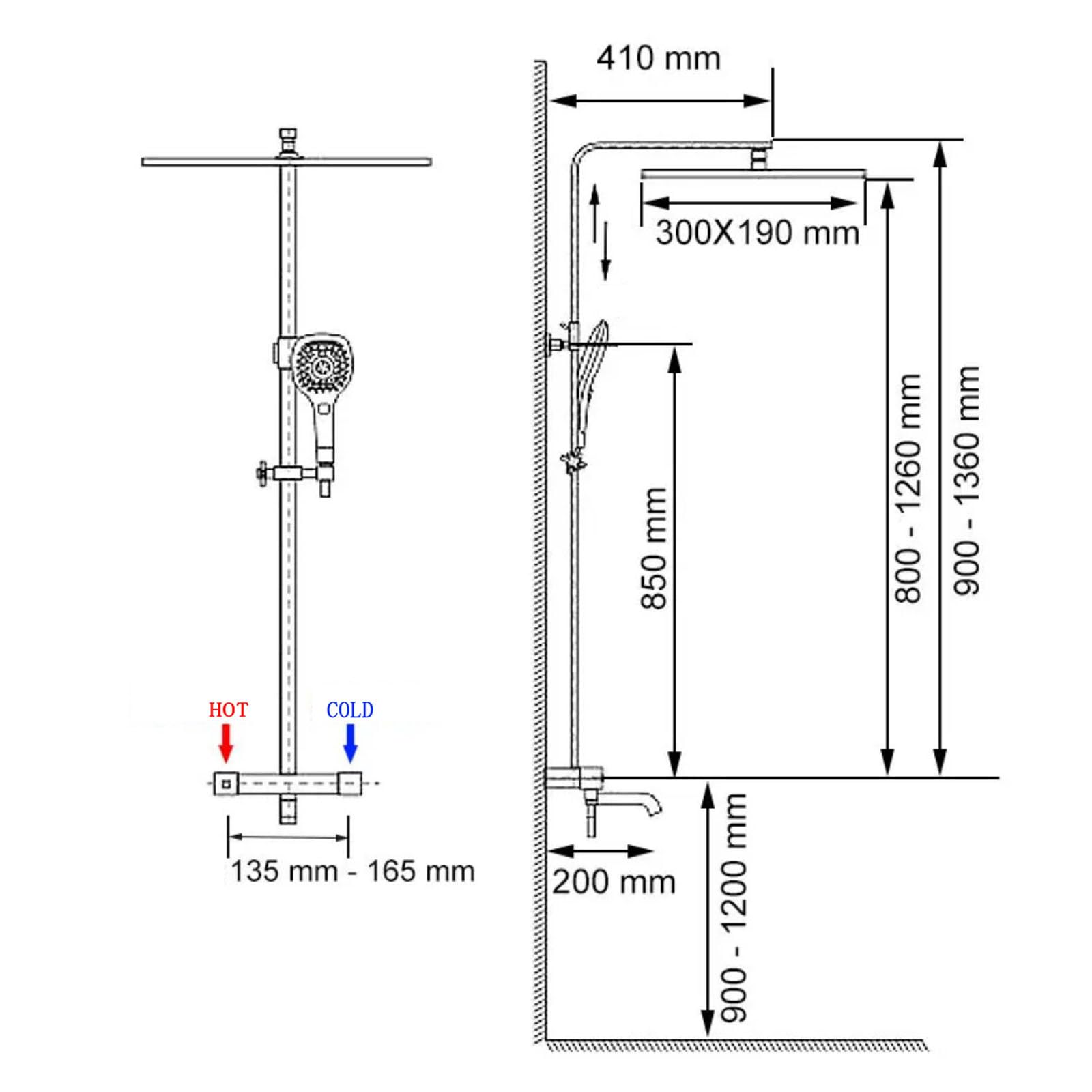 columna de ducha termostática Negro exterior de pared