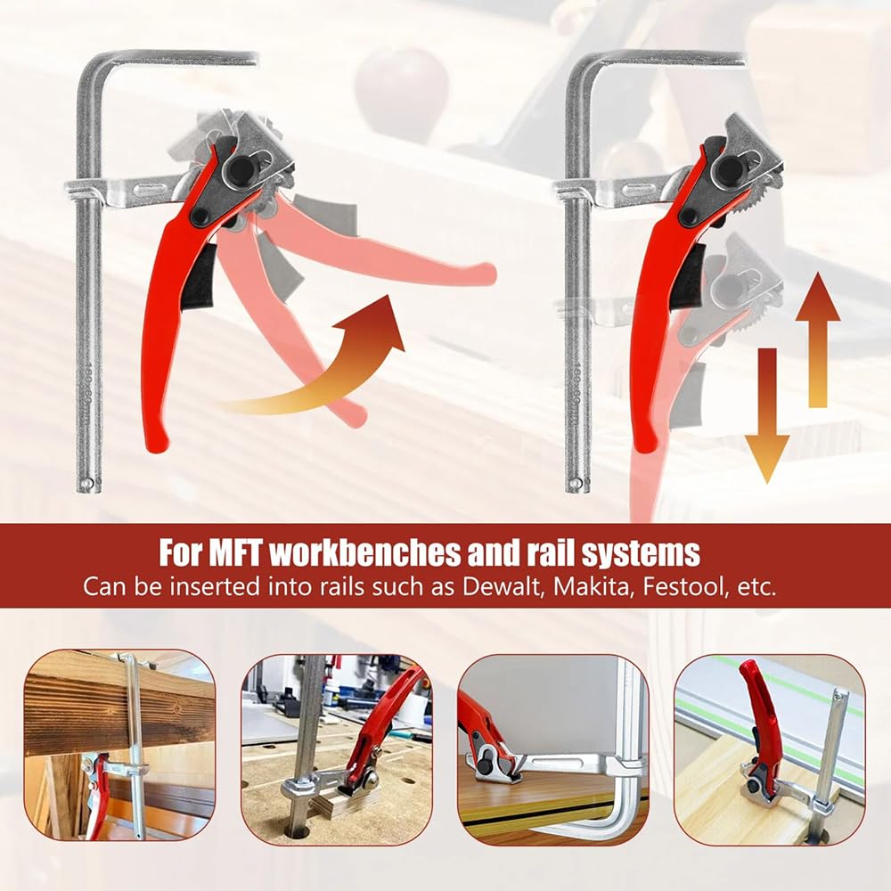 Serre Joint Menuisier - 2 Pièces avec Grandes Mâchoires à Cliquet en Acier, Profondeur de Gorge Règlable jusqu'à 60 mm pour Meulage et Coupe