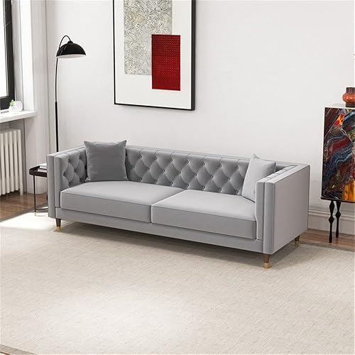 Miniatura 5 de Ashcroft Furniture Co Sofá de terciopelo gris copetudo, moderno de mediados de siglo, con botones en la parte posterior, sofás de tela para sala de