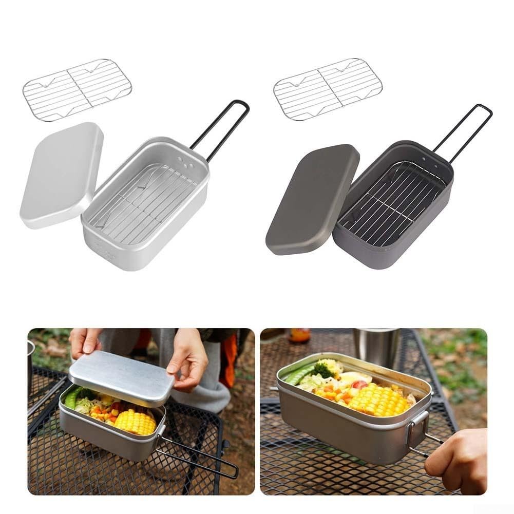 Lonchera de camping, 1 cantimplora portátil de aluminio con vaporizador e inserto de parrilla, mango plegable ligero, multicocina, lonchera para senderismo, picnics y cocinas de camping (4 unidades