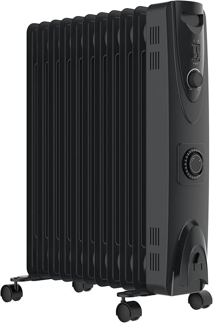 MYLEK Oil Filled Heater Radiator 2.5KW - Adjustable Thermostat, 3 Heat Settings & 24 Hour Timer Option - Electric Portable Heater - Energy Efficient - Safety Tip Over Protection (2500W)