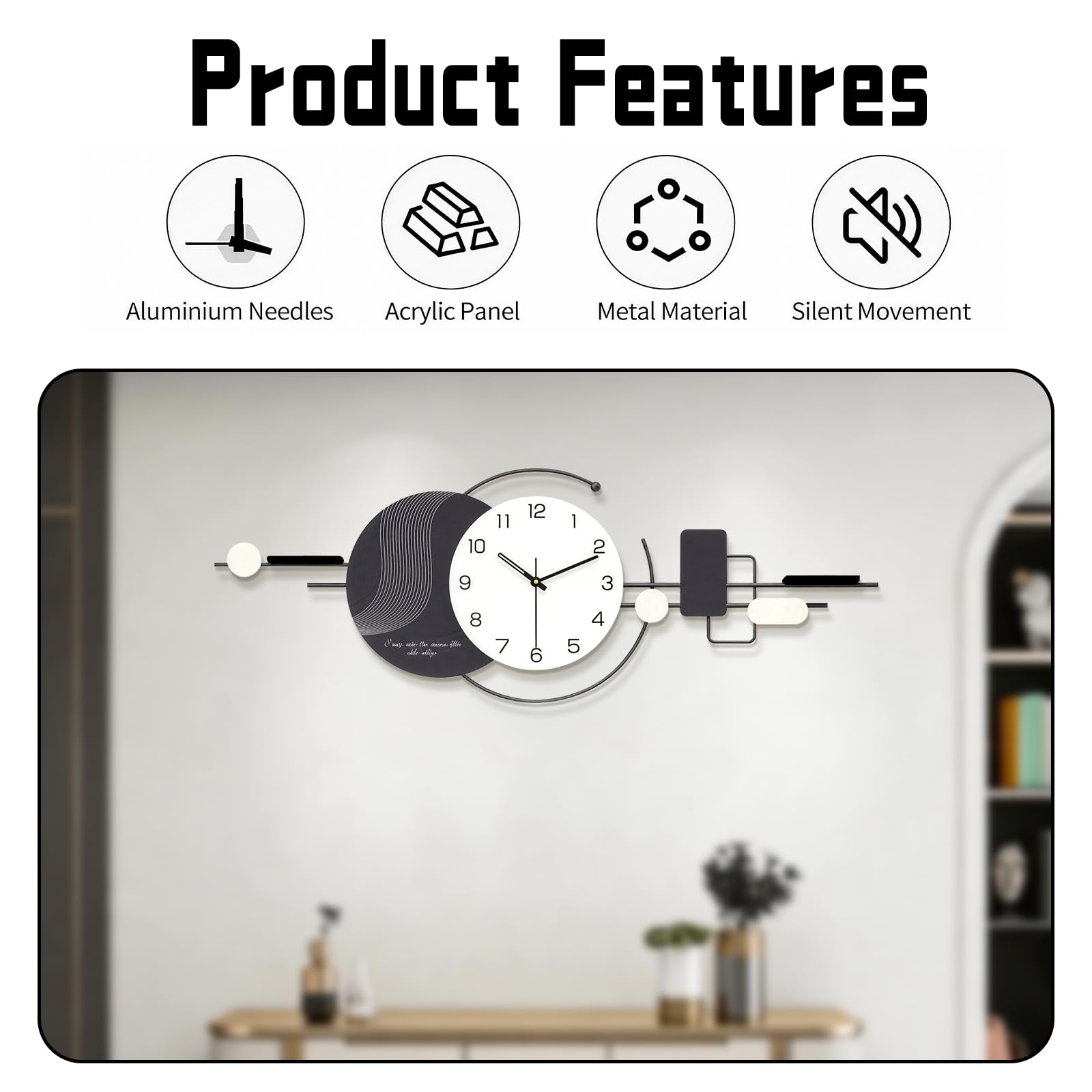Grande Orologio da Parete Moderno, Silenzioso Orologio da Muro Senza Tick con Tavolo Portaoggetti, Alimentato a Batteria, Soggiorno Arredamento Camera da letto