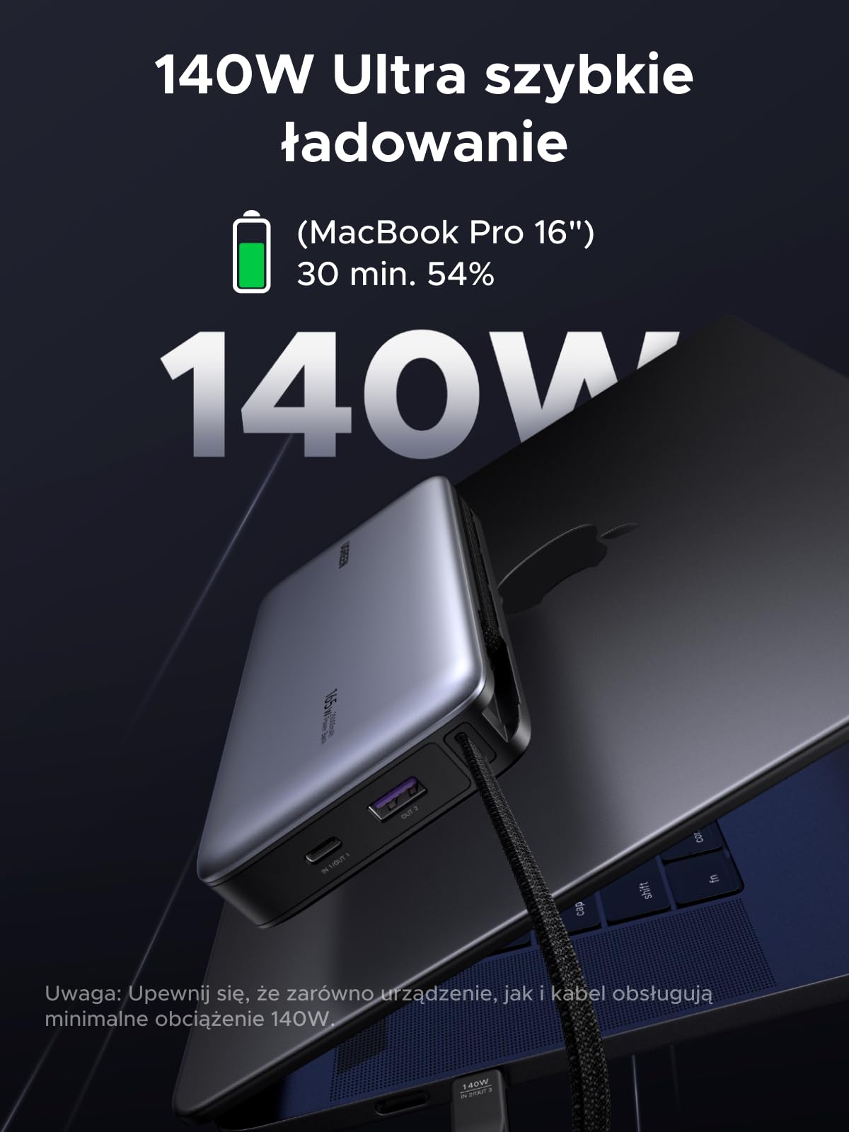 UGREEN Nexode Powerbank 25000mAh 165W z 2 wbud. USB-C-kable | Port USB-C max. 140W (PD3.1), 3x USB-C+1x USB-A, do podróży/biura, kompatybilny z MacBook Pro, Dell i iPhone
