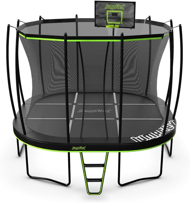JumpFlex Trampoline MEGA Outdoor Trampoline with Net Enclosure and Ladder Playset, for Kids and Adults, Green/Black