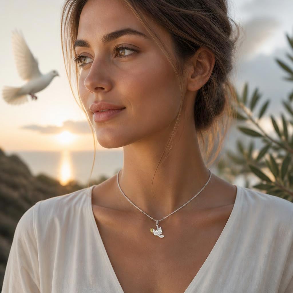 CLEVER SCHMUCK Collier avec pendentif colombe de 15 mm avec branche partiellement plaqué or et chaîne gourmette de 45 cm en argent sterling 925 dans un étui à bijoux crème