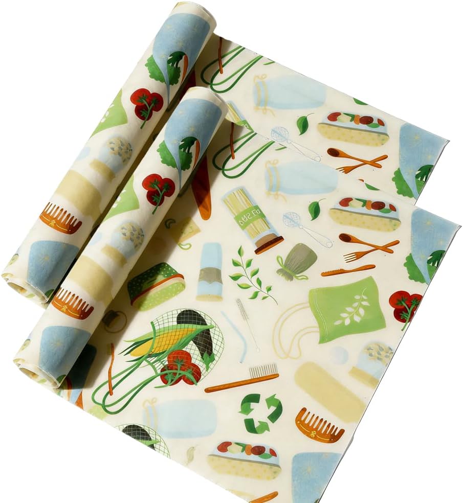 Organic Beeswax Food Wraps 2-Pack, 12x40 Inch Reusable Beeswax Paper - Natural Compostable Eco-Friendly Bowl Cover, Plastic Wrap & Foil Alternative for Bread, Sandwich, Cheese Freshness