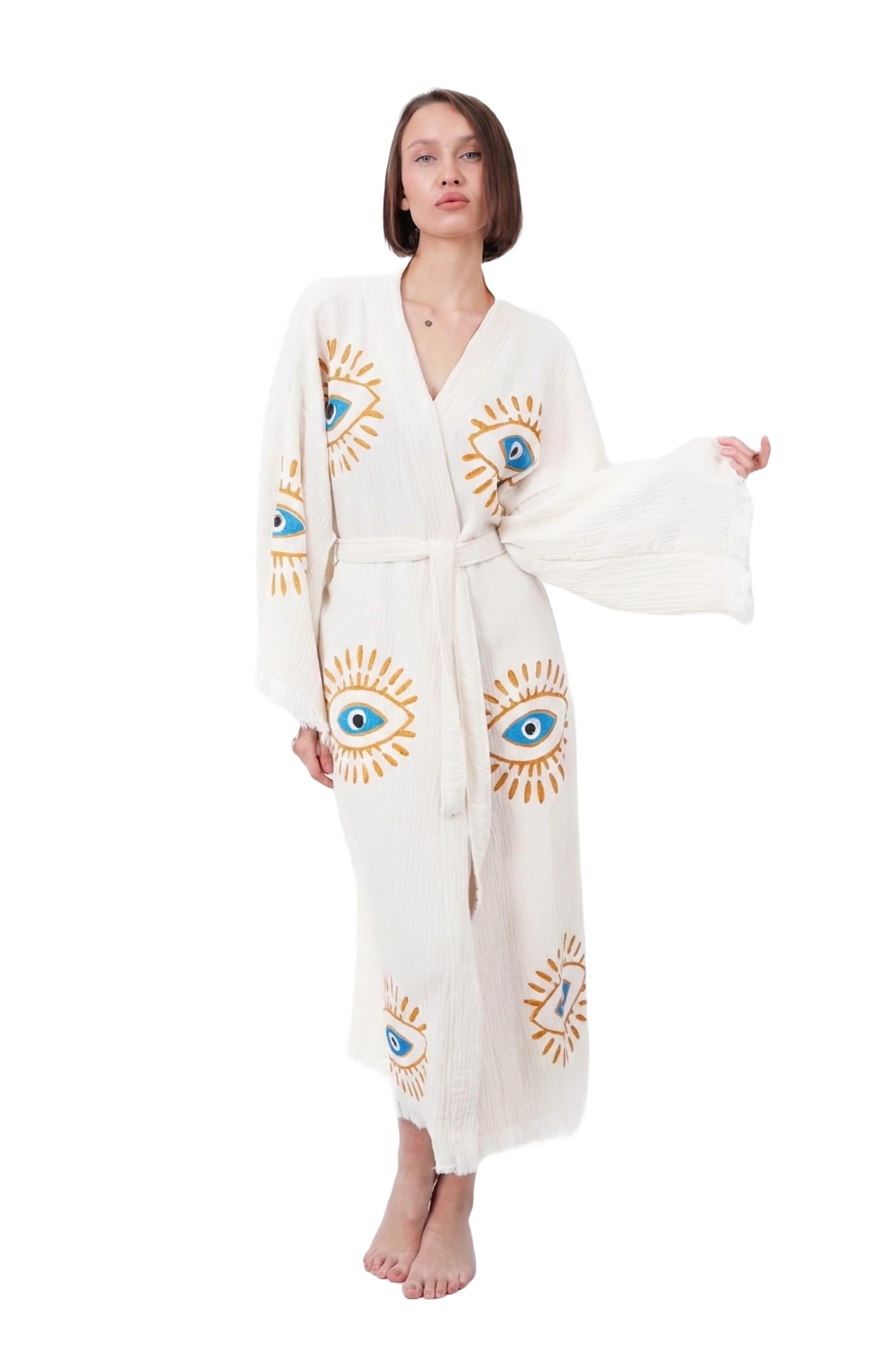 Handmade Evil Eye Boho Festival Kimono Boho Beachwear Beachwear Cover Up Ethnic Kimono Cardigan Bathrobe Morning Robe