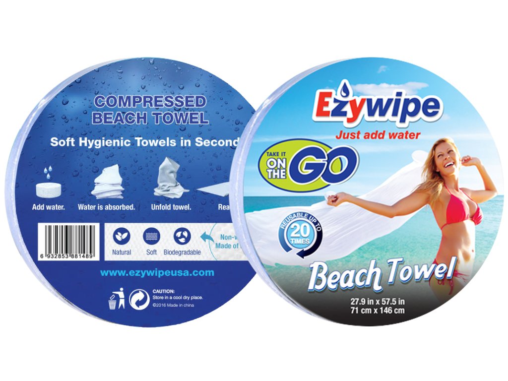 Ezywipe Compressed White Beach Towel - 27.9" X 57.5" Expandable with Water