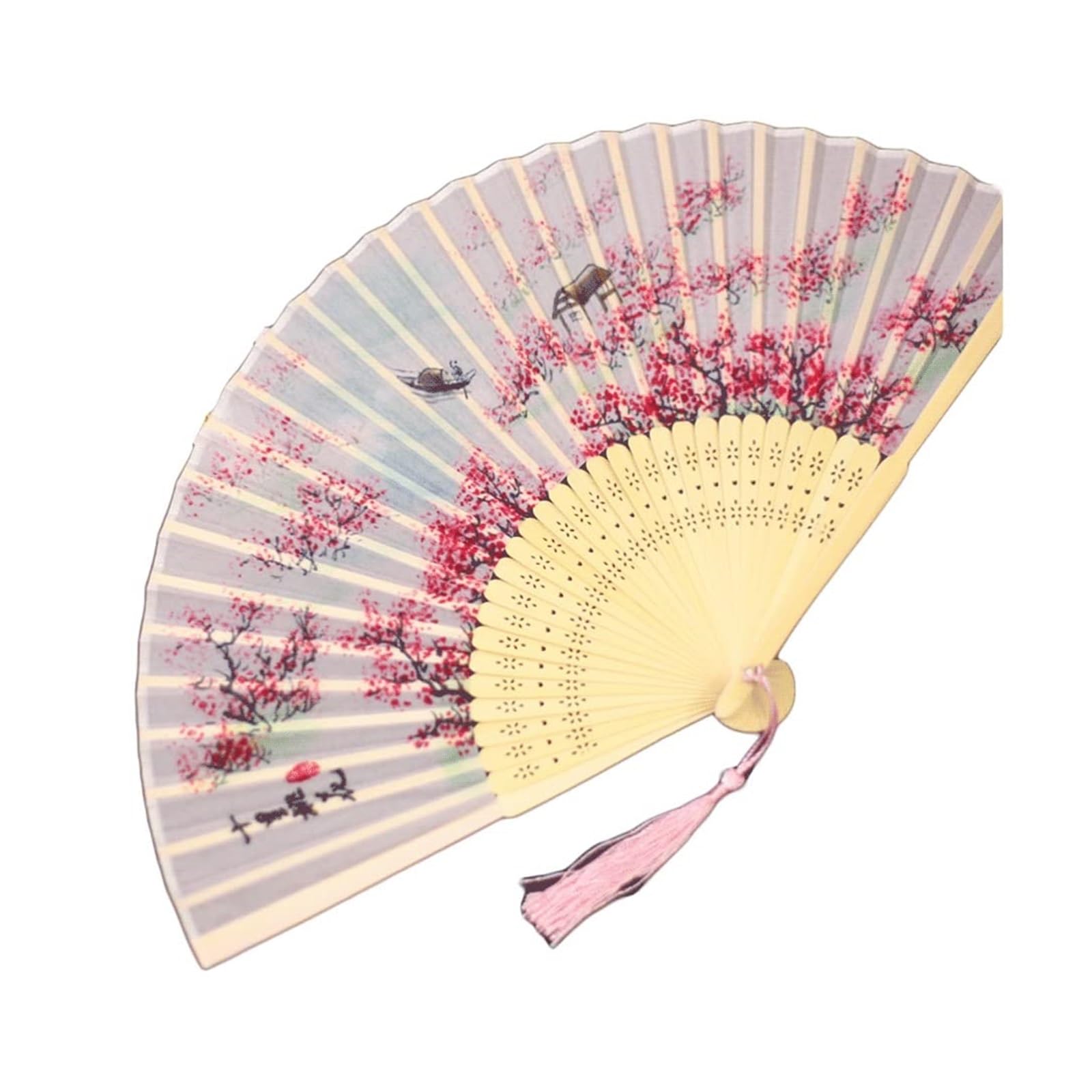 Folding Fans Tradition Beautiful Hand Fan Handheld With Tassel Delicate Floral Patterned Decoration(peach) (peach One Size)