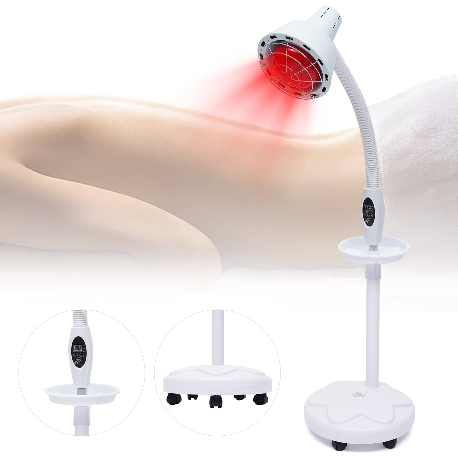 Lámpara infrarroja de luz roja, lámpara de calor con soporte, lámpara de pie para tratamiento de heridas, rotación de 360°, 275 W, A++ hasta E