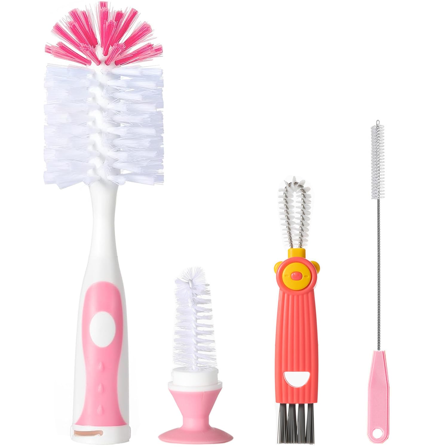 Baby Bottle Brush Set 4 in 1, Baby Bottle Cleaner, with 1P Nylon Bottle Brush, 1P Bottle Cap Brushes, 2P Straw Brushes, Bottle Brush with Nipple Cleaner and Suction Cup, BPA-Free(Pink)