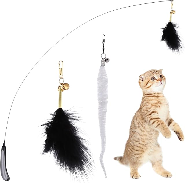 cobee Cat Feather Wand Toy,Cat Wand Toy with Feather Worm Refill Cat Chaser Toys Interactive Cat Teaser Wand Funny Play Toy for Indoor Cat Kitten