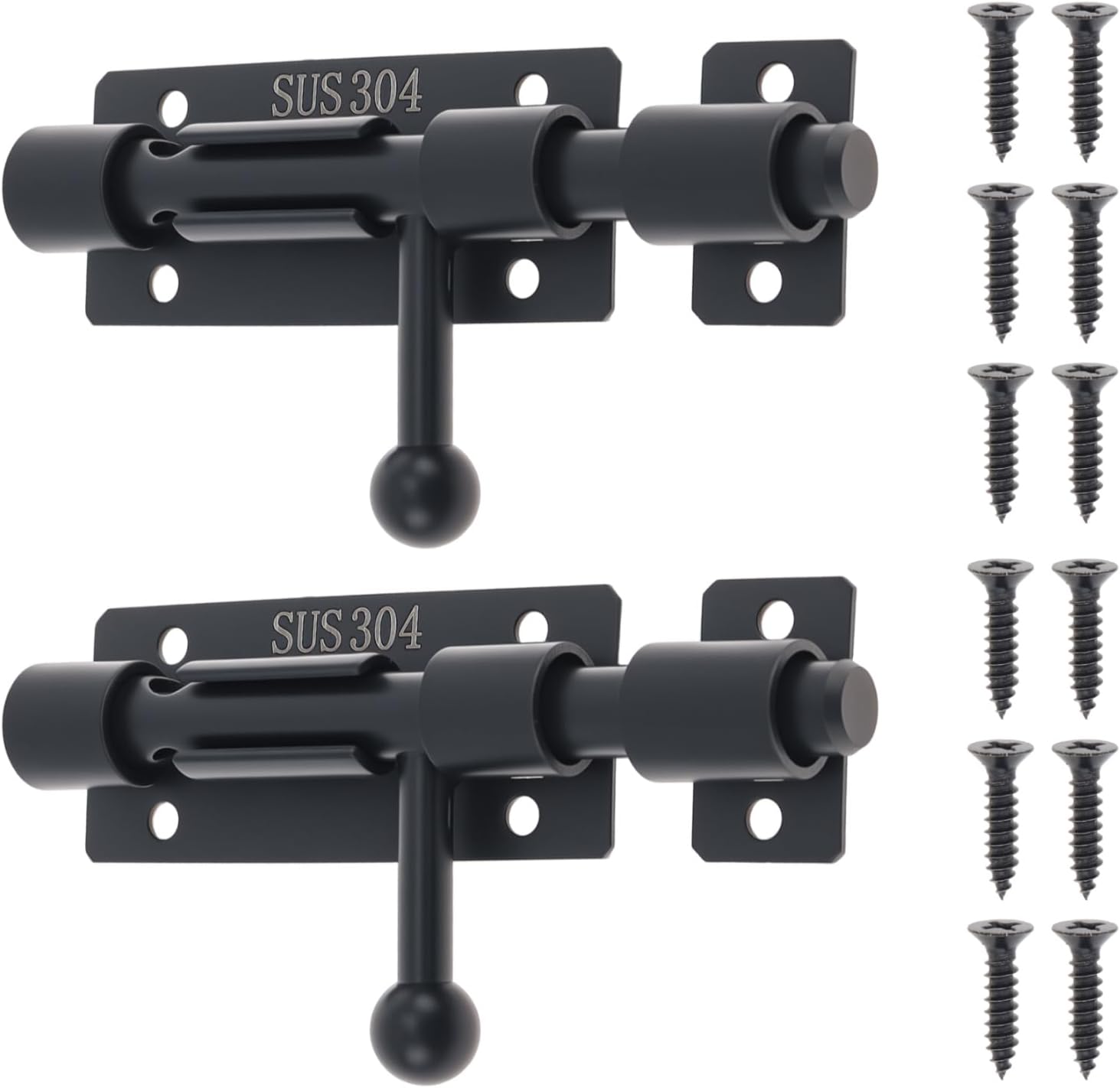 Slide Bolt Gate Latch, 2 Pack 4 Inch 304 Stainless Steel Barrel Bolt Latch with 8 mm Padlock Hole, 10 mm Bolt Heavy Duty Black Sliding Latch Lock