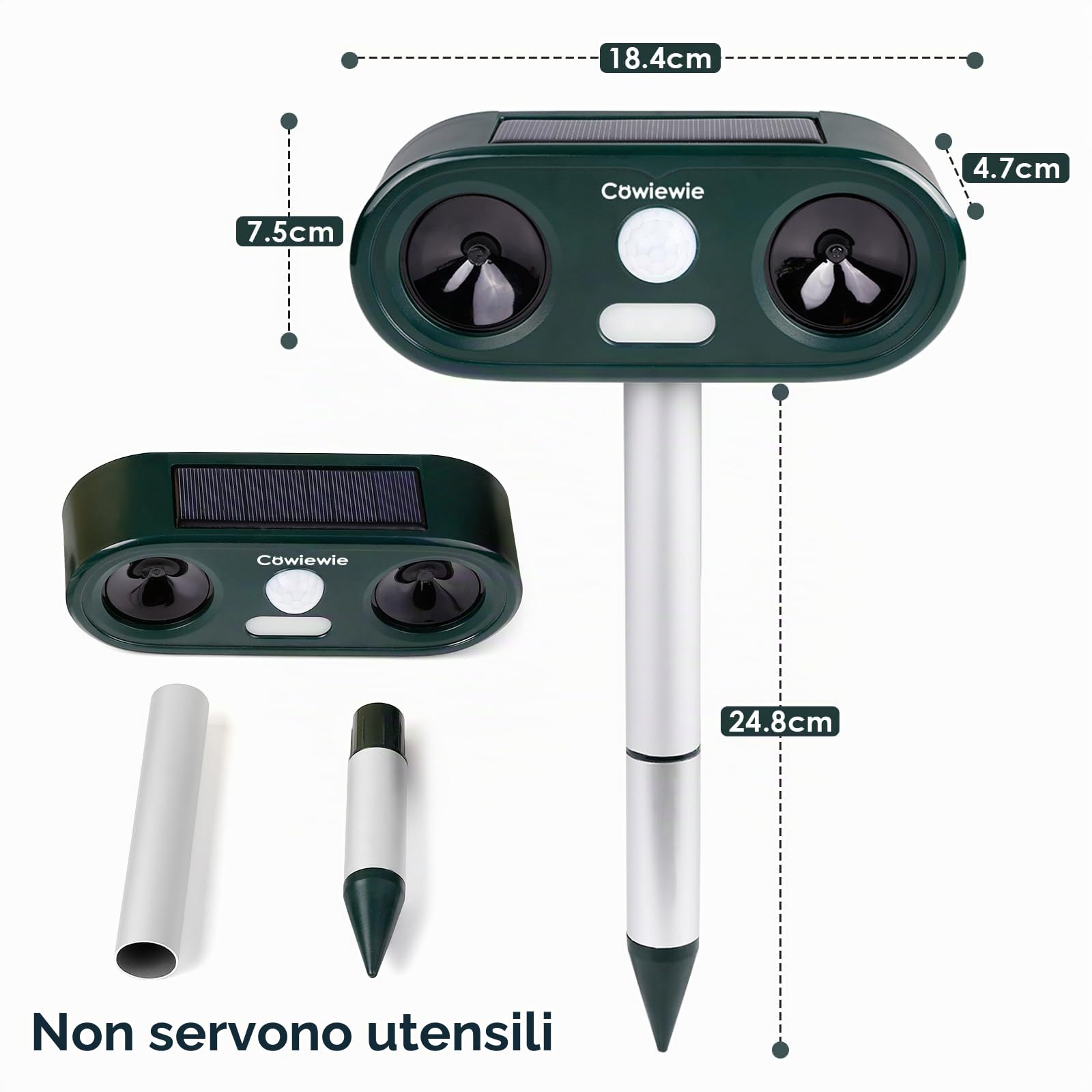 Cowiewie 2 Pezzi Repellente per Gatti da Esterno a Ultrasuoni e Flash LED, Ricarica Solare e USB, Repellente per Gatti Impermeabile per Giardini e Campi - Facile da Installare (verde)