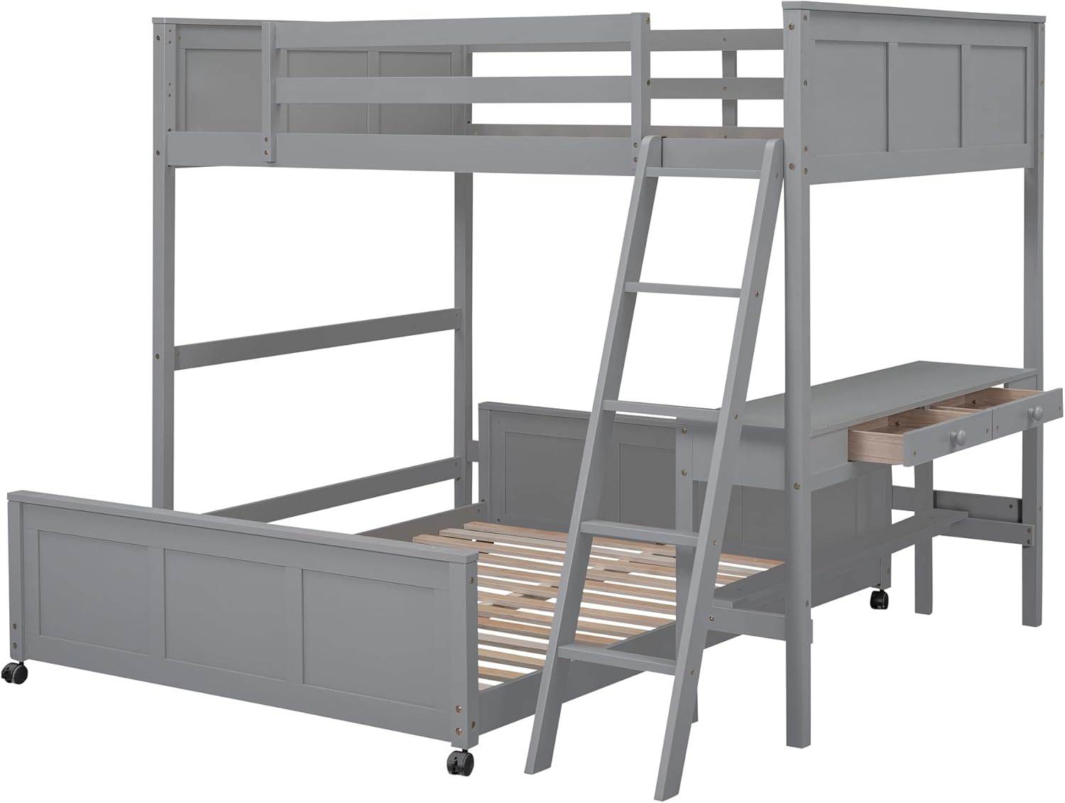 Full Over Full Bunk Bed with Desk, Gray