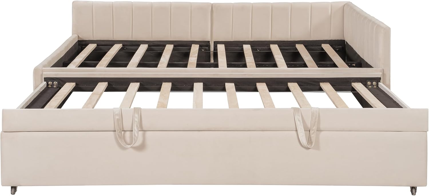Upholstered Full Size Daybed with Twin Size Pop Up Trundle, Modern Daybed Sofa Bed with L-Shaped Backrest for Bedroom Guest Room Living Room, Maximize Space (Beige-F)