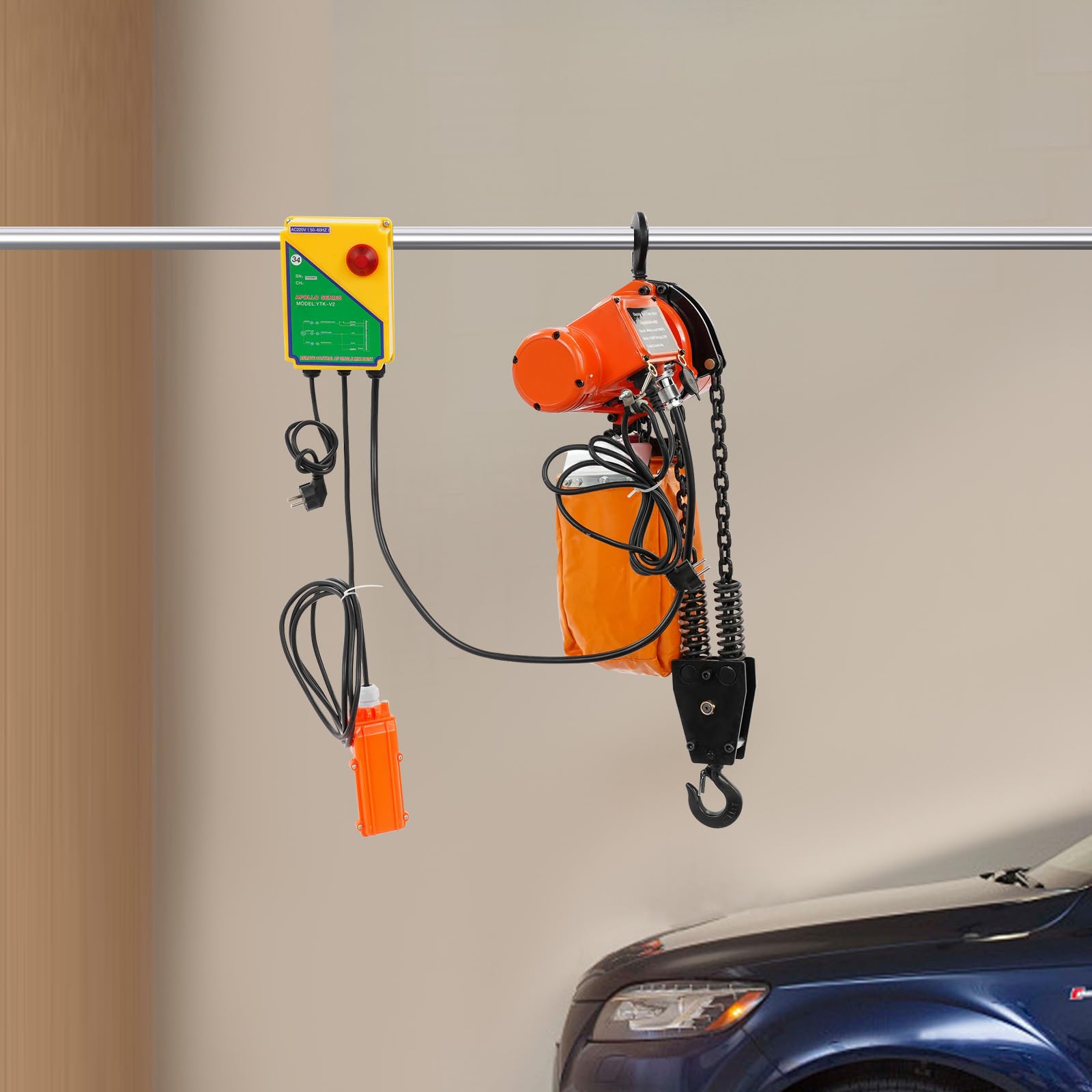 Elektrischer Kettenzug 1000kg, Hebezug mit Fernbedienung, 1300W, 6m Hubhöhe, 100m Kabellose und 4,5m Kabelgebundene Fernbedienung, Elektrische Seilwinde für Fabrik, Lager, Werkstatt (Rot+Orange)