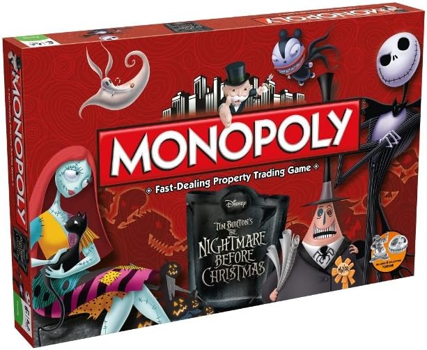 Winning Moves Nightmare Before Christmas Monopoly Board Game, Join the Pumpkin King and advance to the Guillotine Courtyard and Lock, Shock and Barrel’s Treehouse, makes a great gift for ages 8 plus