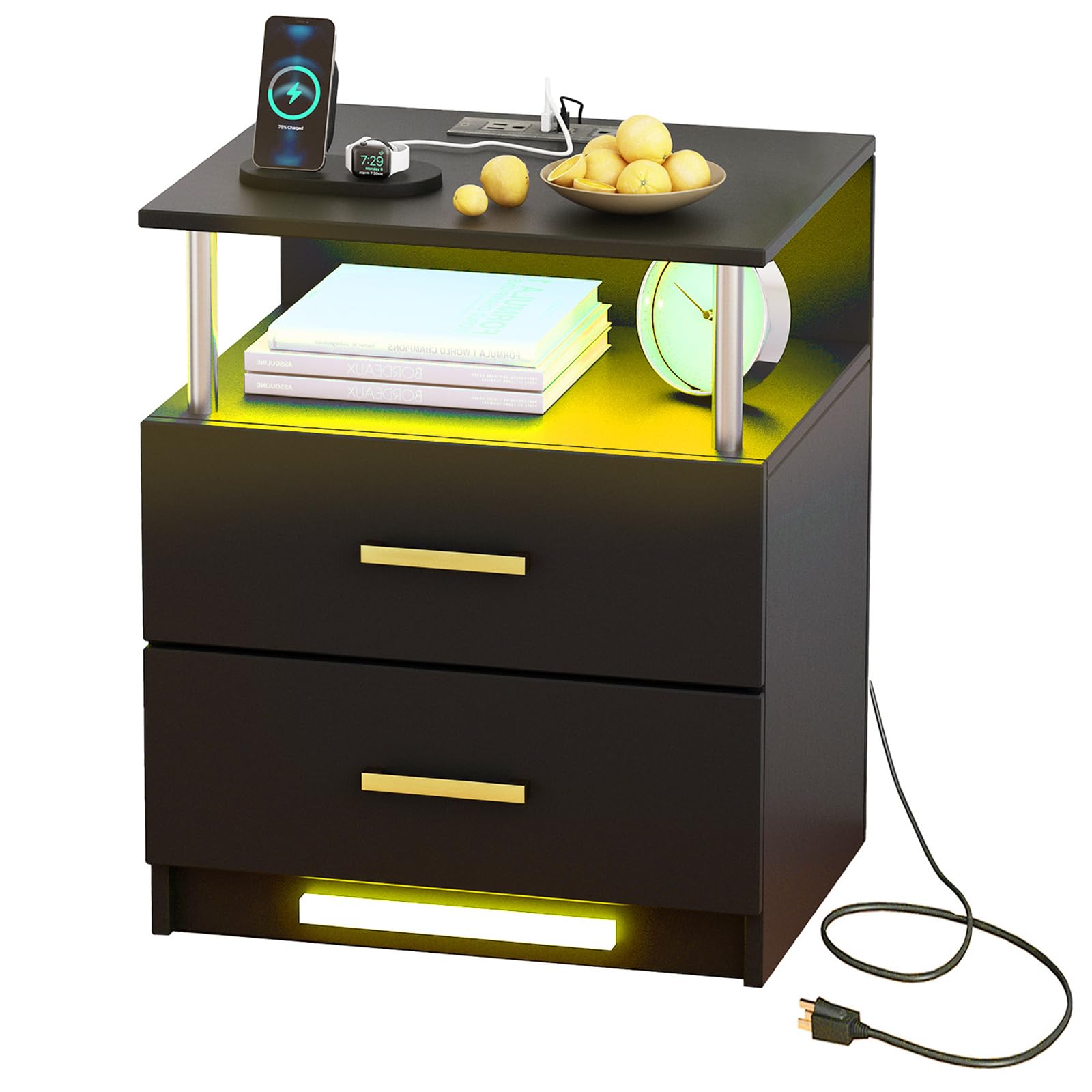 Led Nightstand with Charging Station, Smart Nightstand with Led Light, Modern Night Stand with Drawers, Bedside Table Bedroom Furniture, Black Nightstand