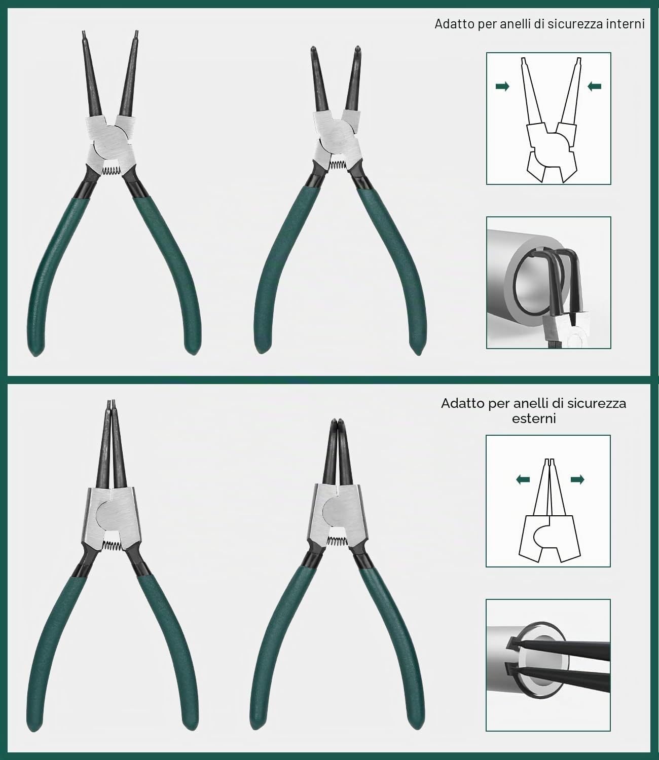 LEAZZLE 4 Pezzi 180mm Pinza per Seeger con Borsa Portatile, Set Pinze Officina per Anelli di Sicurezza con Molle Resistenti, Maniglie Antiscivolo, Resistente Alla Flessione e a Risparmio di Manodopera