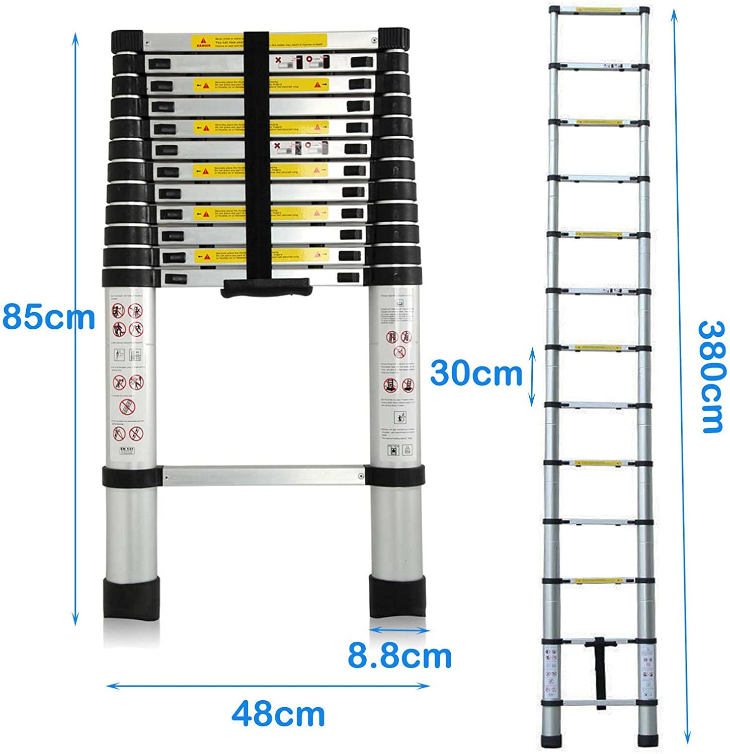 Escalera telescópica ligera, extensible y plegable para bricolaje, construcción de viviendas, áticos, loft, lugar de trabajo, de 150 kg,13 peldaños y 3,8 m