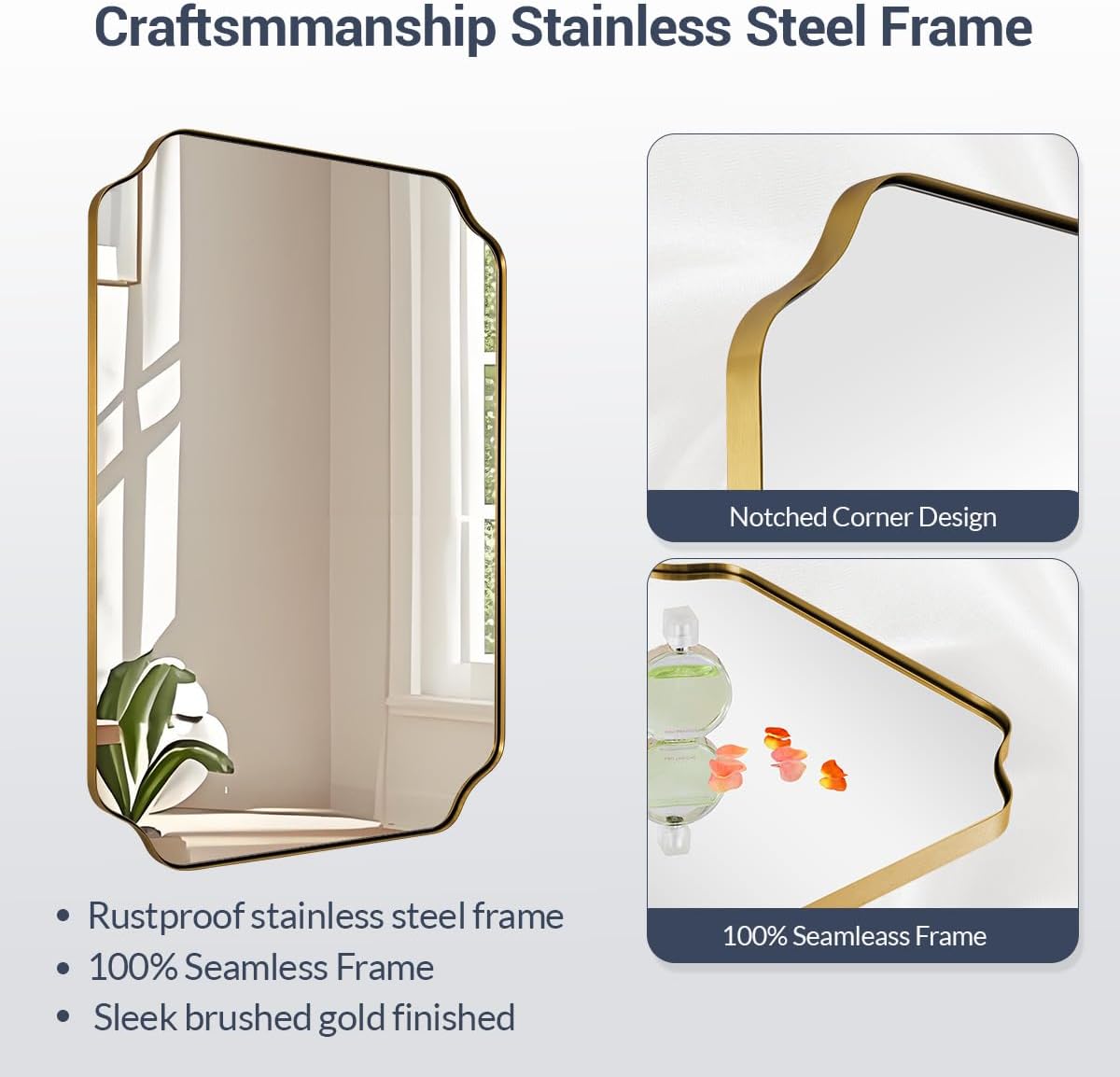 Brushed Gold Mirror 24x40, Oblong Brass Scalloped Mirrors for Bathroom, Rounded Notched Corner Rectangle Mirror in 1’’ Stainless Steel Metal Frame Hang Vertical/Horizontal for Home Remodel