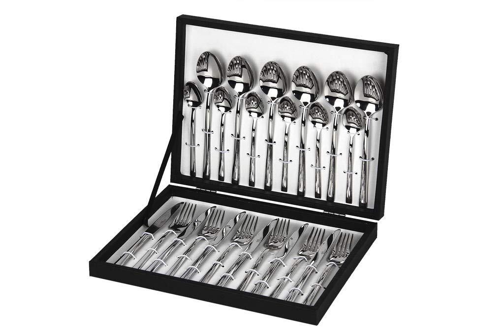 Cofan Cubertería | Modelo Bari | Fabricado en Acero Inox 18/0 | Juego de 24 pcs | Incluye estuche negro de madera